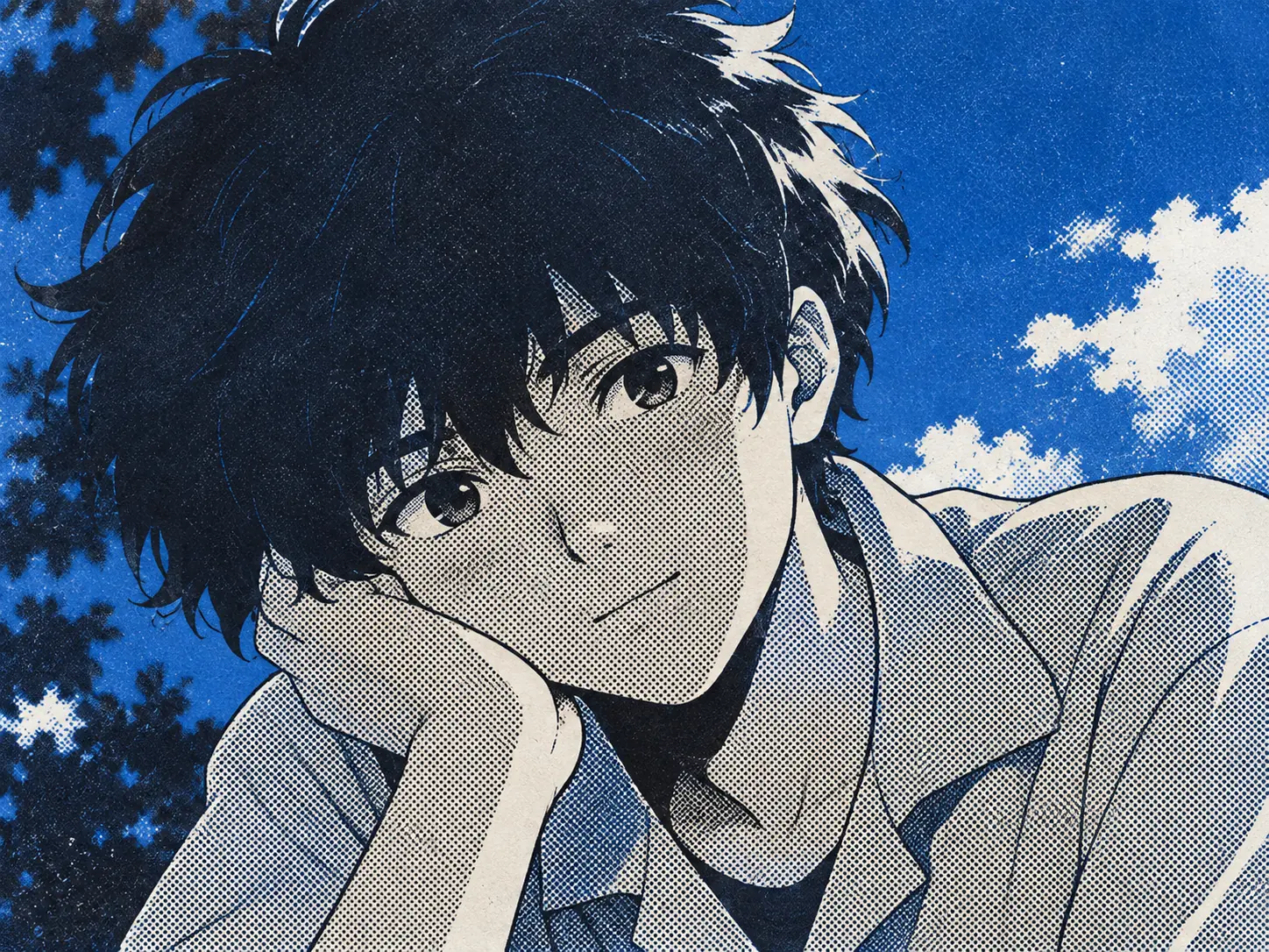 A boy resting his chin on his hand, thinking, framed by leaves and blue sky.