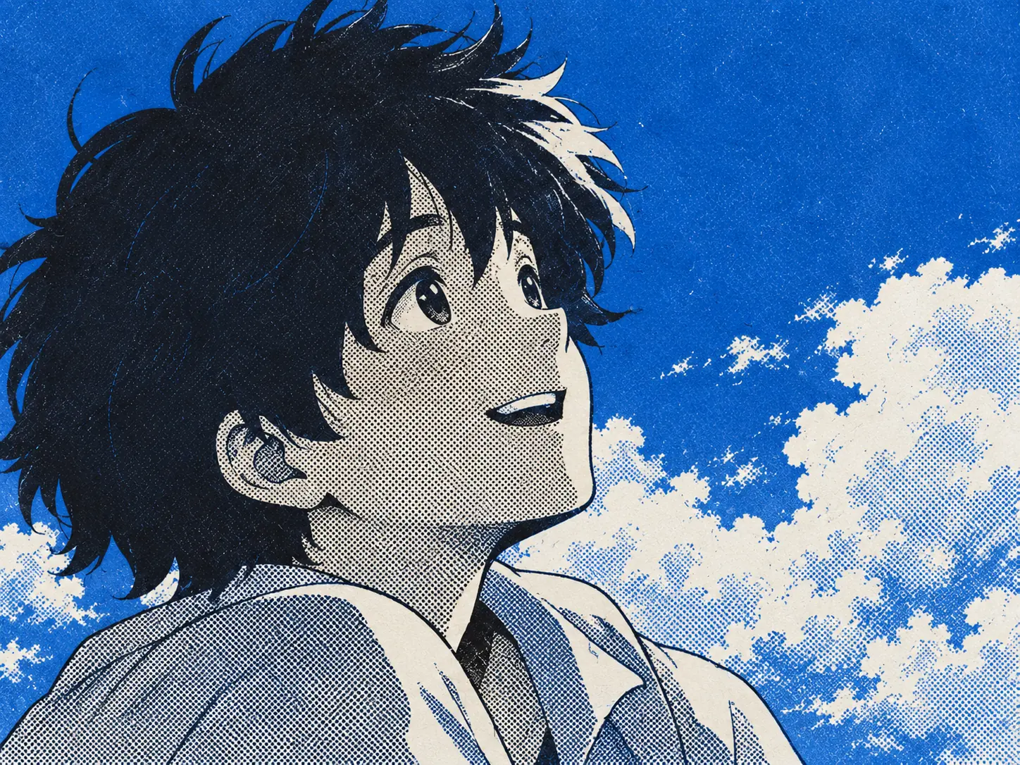 A boy looking up at the clouds, smiling.