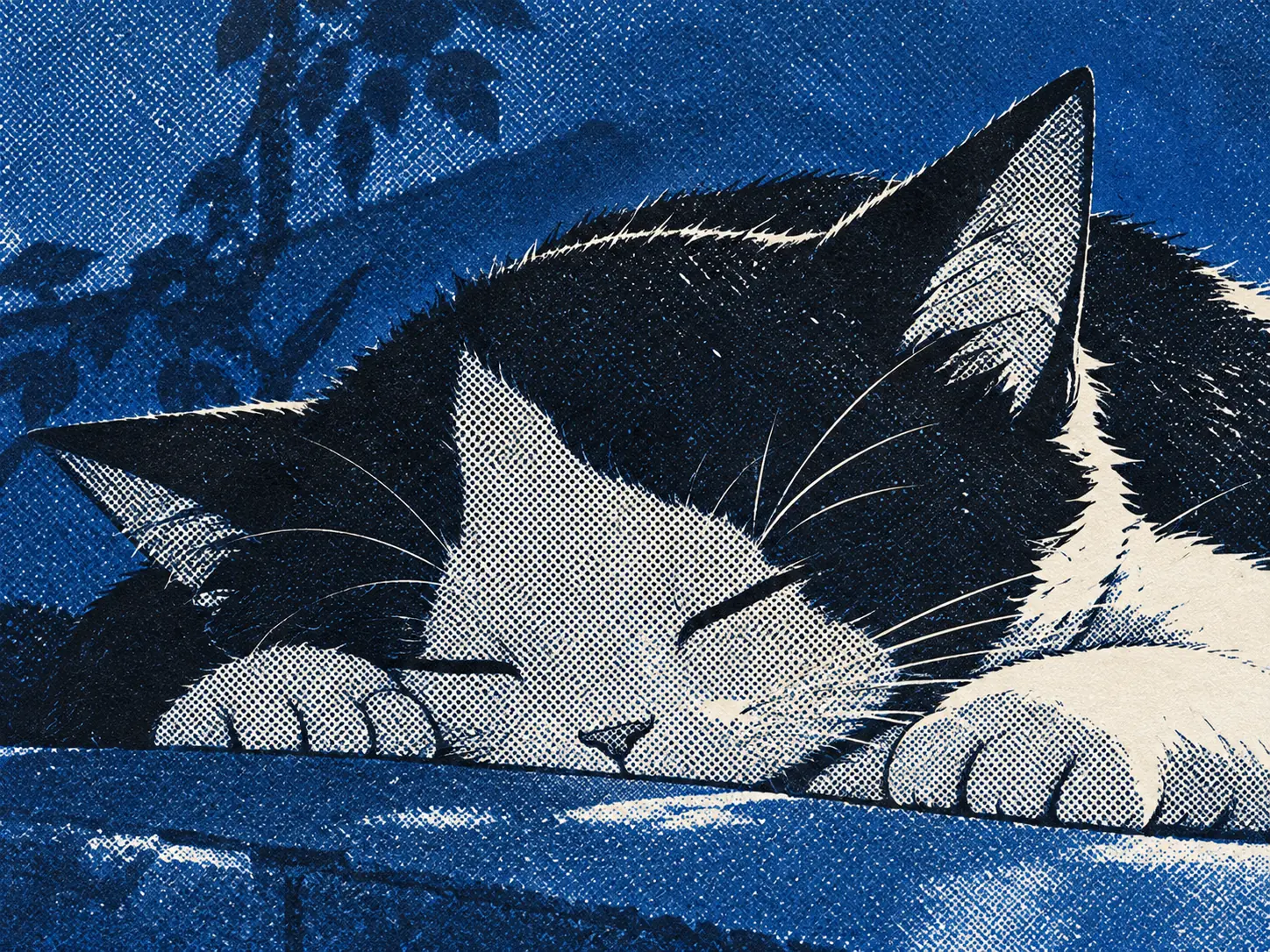 A tuxedo cat asleep on a windowsill in the afternoon.