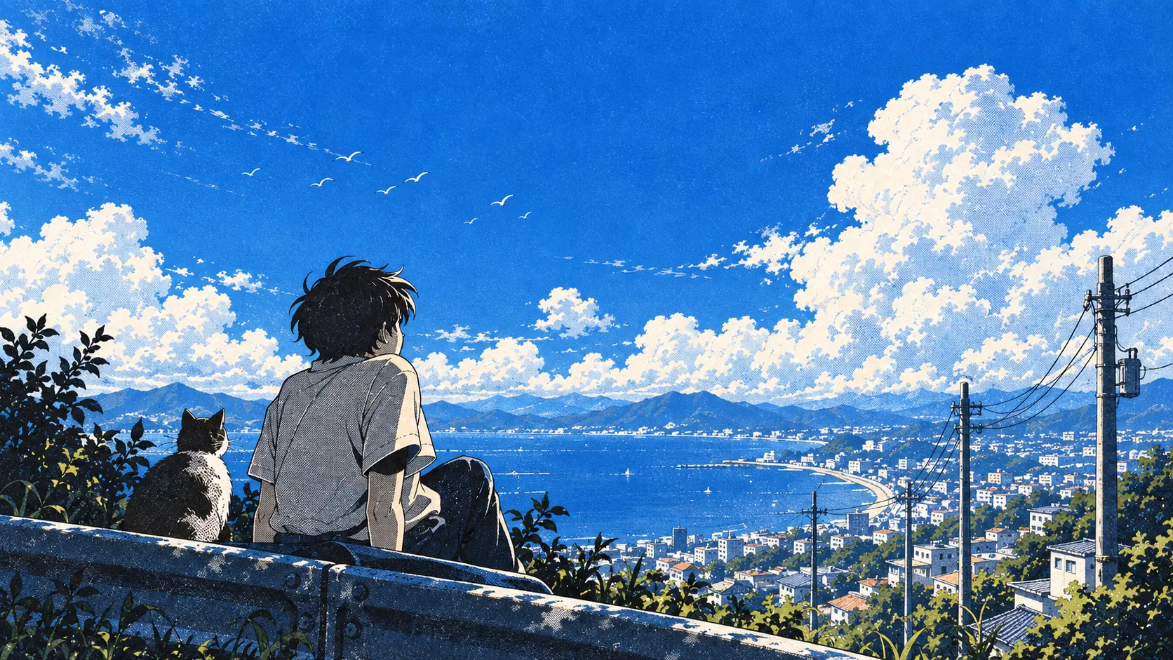 A boy and a cat sitting on a hillside wall, looking out over a coastal town under an enormous summer sky.