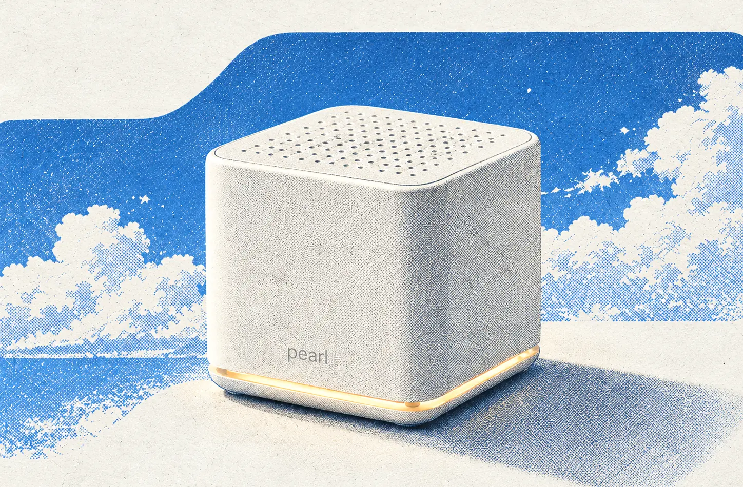 Pearl, a small cream fabric-wrapped cube with a perforated top and a warm amber light along its base.
